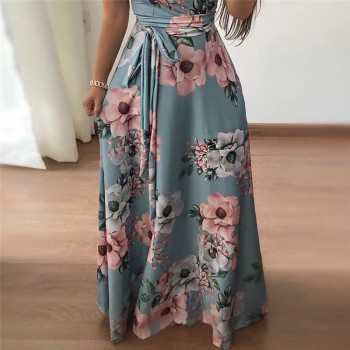 Casual Short Sleeve Long Dress Boho Floral Print Maxi Dress Turtleneck